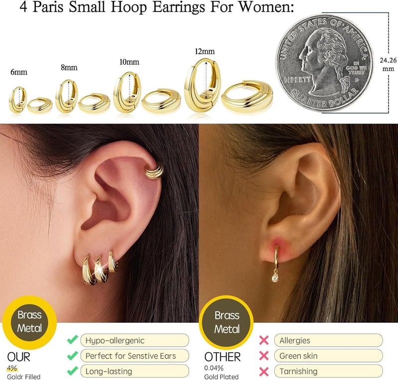 Poxtex Small Gold Huggie Hoop Earrings Set for Women Men Hypoallergenic 14K Plated Stack Cartilage Earrings, Multiple Piercing Lightweight Mini Thin Cute Dainty Trendy Jewelry Set Christmas Gifts for Women - Image 5